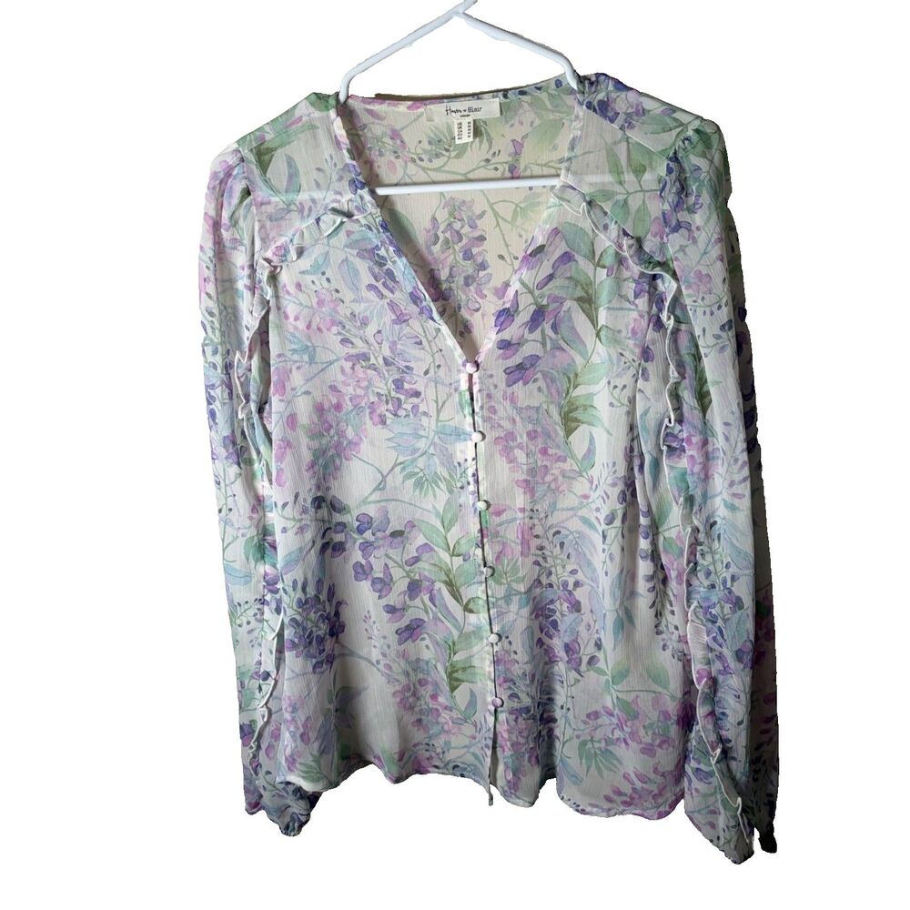 Haven + Blair Blouse Women's Medium Button Up V-Neck Sheer Floral Boho Top